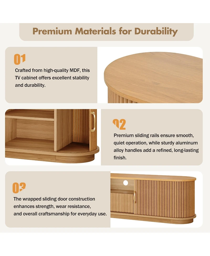 Rainsken Fluted Tv Stand for TVs up to 75", Farmhouse Media Console Entertainment Center with Sliding Wood Slatted Doors and Drawer for Living Room