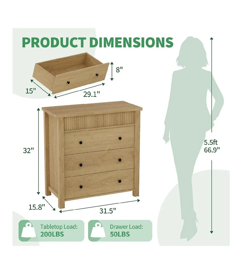gaomon Fluted 3 Drawer Dresser Nightstand Wooden Chest