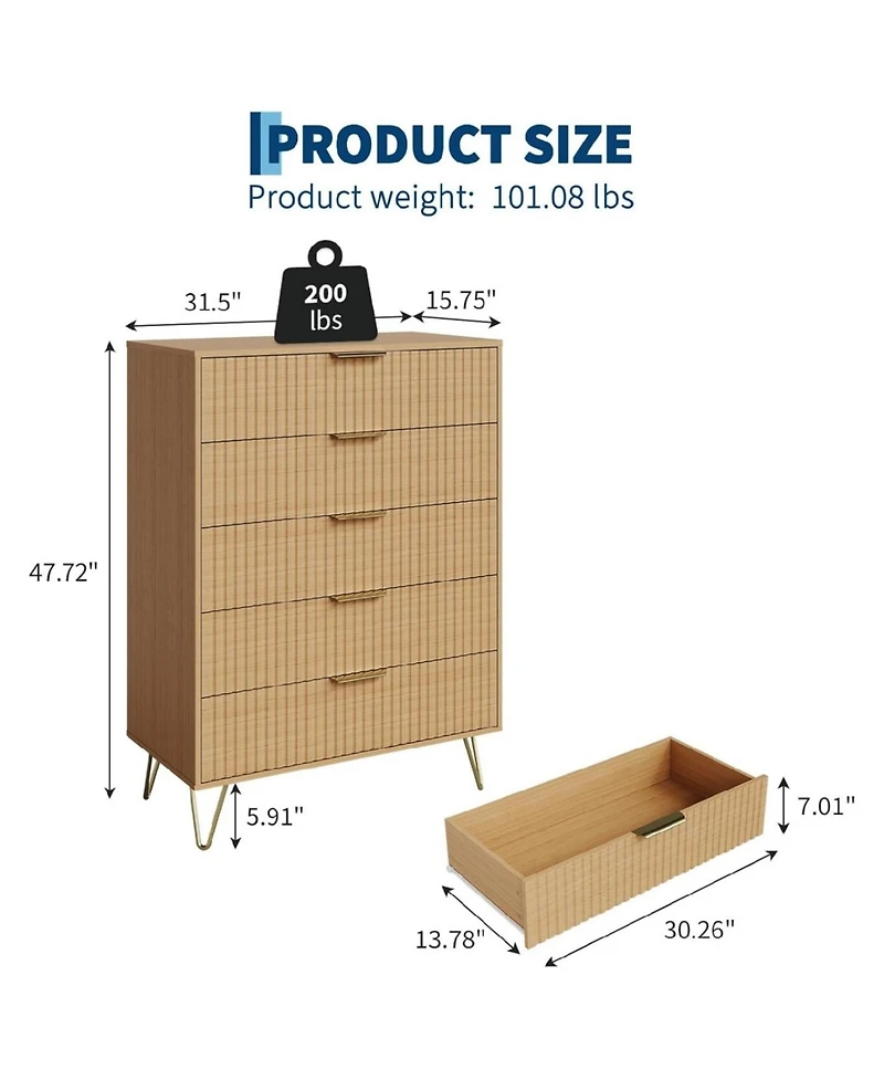 gaomon Modern Fluted Wood Dresser with 5 Drawers