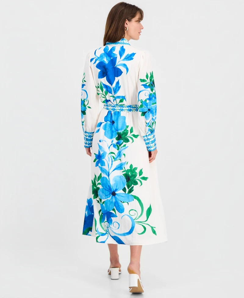 T Tahari Women's Printed Tie-Waist Button-Down Maxi Dress