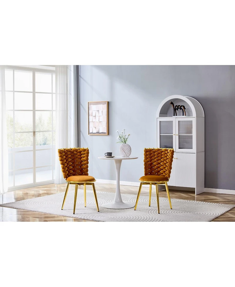 Streamdale Furniture Set of 2 Orange Velvet Dining Chairs with Gold Legs & Woven Rope Backs