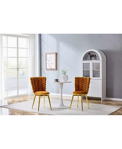 Streamdale Furniture Set of 2 Orange Velvet Dining Chairs with Gold Legs & Woven Rope Backs