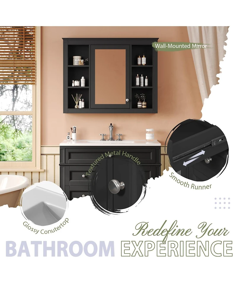 Sillysis 36" Bathroom Vanity with Sink and Mirror, Modern Freestanding Solid Wood Mdf Cabinet, 3 Drawers 2 Doors for Large Storage