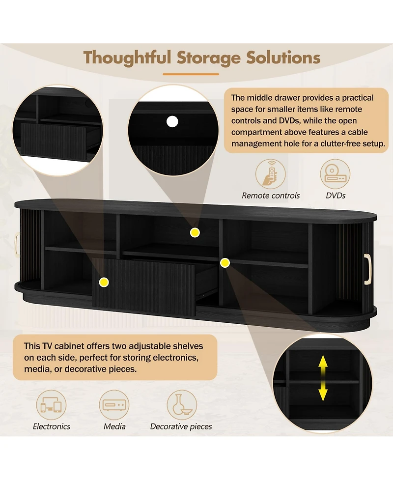 Rainsken Farmhouse Fluted Tv Stand, Media Console with Sliding Wood Slatted Doors and Drawer, Suitable for TVs Up to 75" in Living Room
