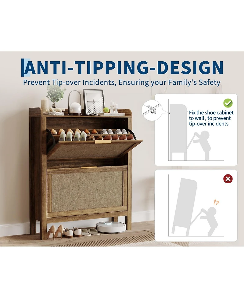 homfan Farmhouse Rattan Shoe Cabinet with 2 Flip Drawers, Brown, 32 in Narrow Entryway Storage