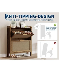 homfan Farmhouse Rattan Shoe Cabinet with 2 Flip Drawers, Brown, 32 in Narrow Entryway Storage
