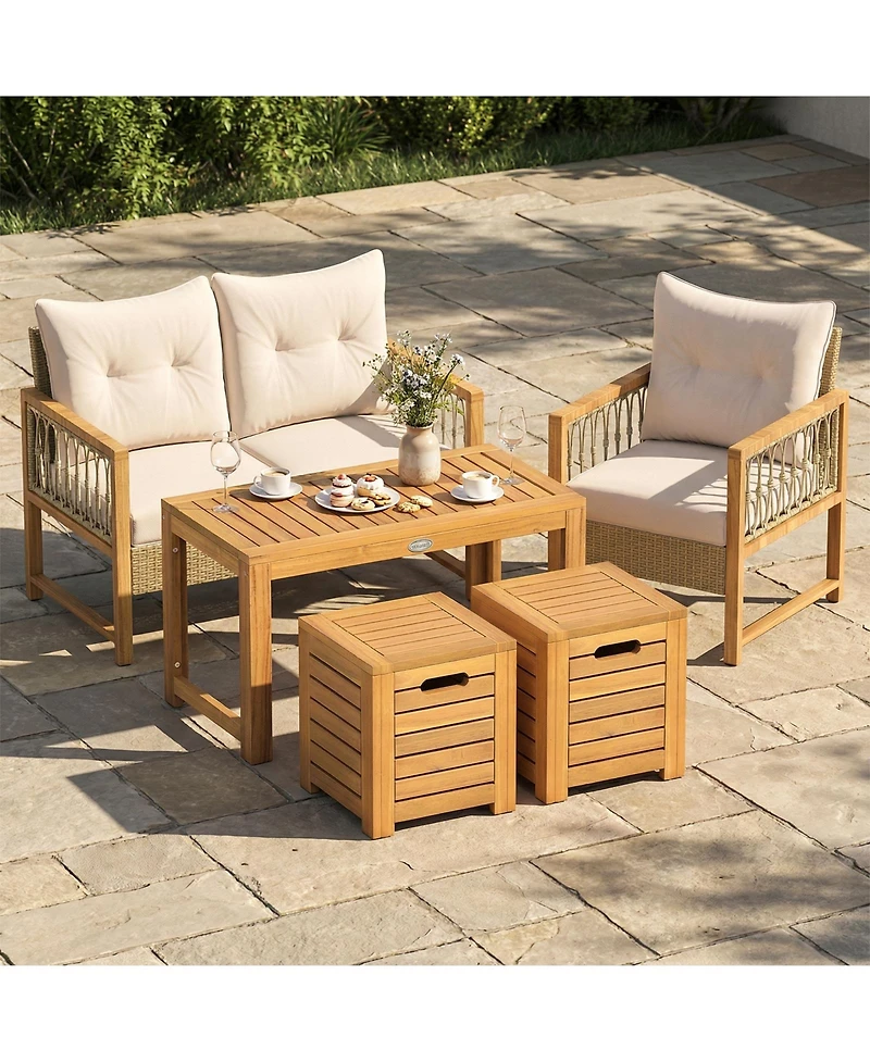 Gouun 3-Piece Acacia Wood Outdoor Coffee Table and Stool Set with Storage