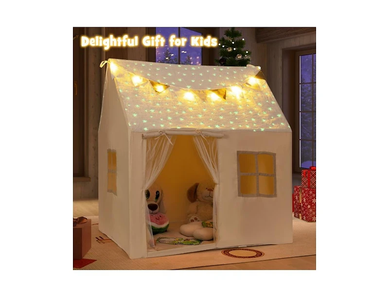 Hongge Kids Play Tent Large Playhouse with Glow in the Dark Stars and Mat-Beige