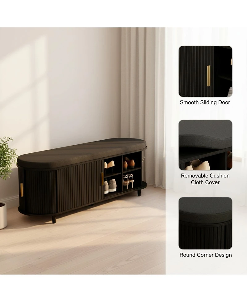 Yigii 2-Tier Storage Shoe Bench Thickened Padded Seat Mid Century Modern Fluted Sliding Door Adjustable Shelf