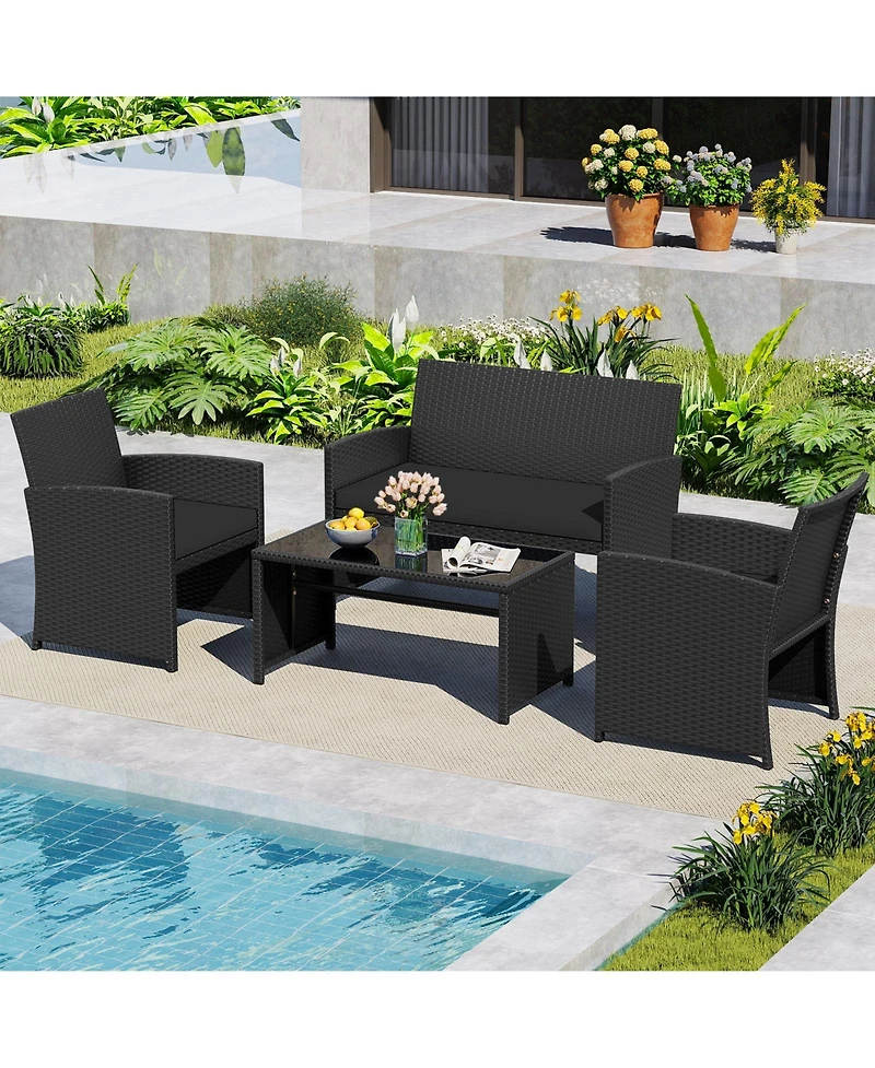 Gouun 4-Piece Patio Rattan Furniture Set with Removable Cushions and Glass Table