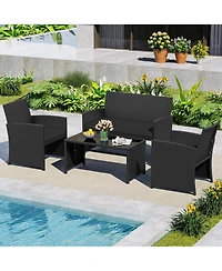 Gouun 4-Piece Patio Rattan Furniture Set with Removable Cushions and Glass Table