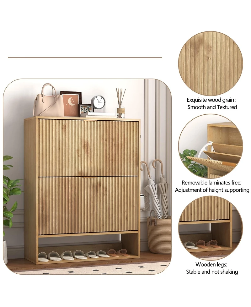 homfan Fluted Shoe Cabinet with 2 Flip Drawers, Open Bottom Shelf and Side Hooks for Entryway Storage
