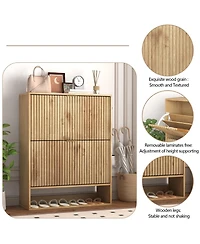 homfan Fluted Shoe Cabinet with 2 Flip Drawers, Open Bottom Shelf and Side Hooks for Entryway Storage