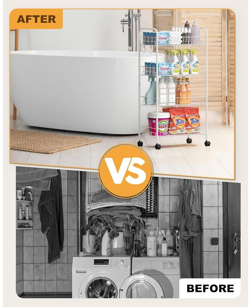 Mythinglogic 4 Tier Rolling Cart with 360°Wheels, Snack Cart, Removable Wire Baskets