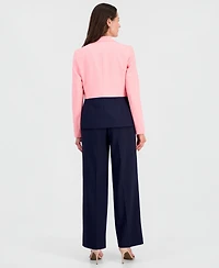 Le Suit Plus Colorblocked One-Button Peplum Jacket & Fly-Front Wide-Leg Pants