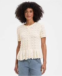 Lands' End Women's Drifter Pointelle Ruffle Hem Cardigan Sweater