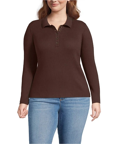 Lands' End Plus Cotton Ribbed Long Sleeve Polo Sweater