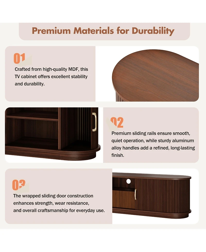 Rainsken Fluted Entertainment Center for TVs Up to 75 Inches, Farmhouse Style Media Stand with Sliding Wood Slatted Doors and Drawer for Living Room