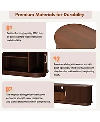 Rainsken Fluted Entertainment Center for TVs Up to 75 Inches, Farmhouse Style Media Stand with Sliding Wood Slatted Doors and Drawer for Living Room