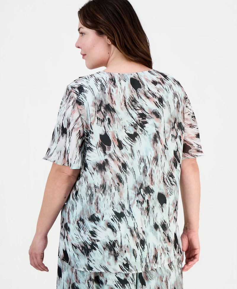 Kasper Plus Printed Ruffled Flutter-Sleeve Blouse