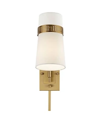 Cartwright Modern Swing Arm Wall Lamp Warm Antique Brass Plug-In Light Fixture Beige Linen Tapered Cylinder Shade for Bedroom Bedside House Reading Li
