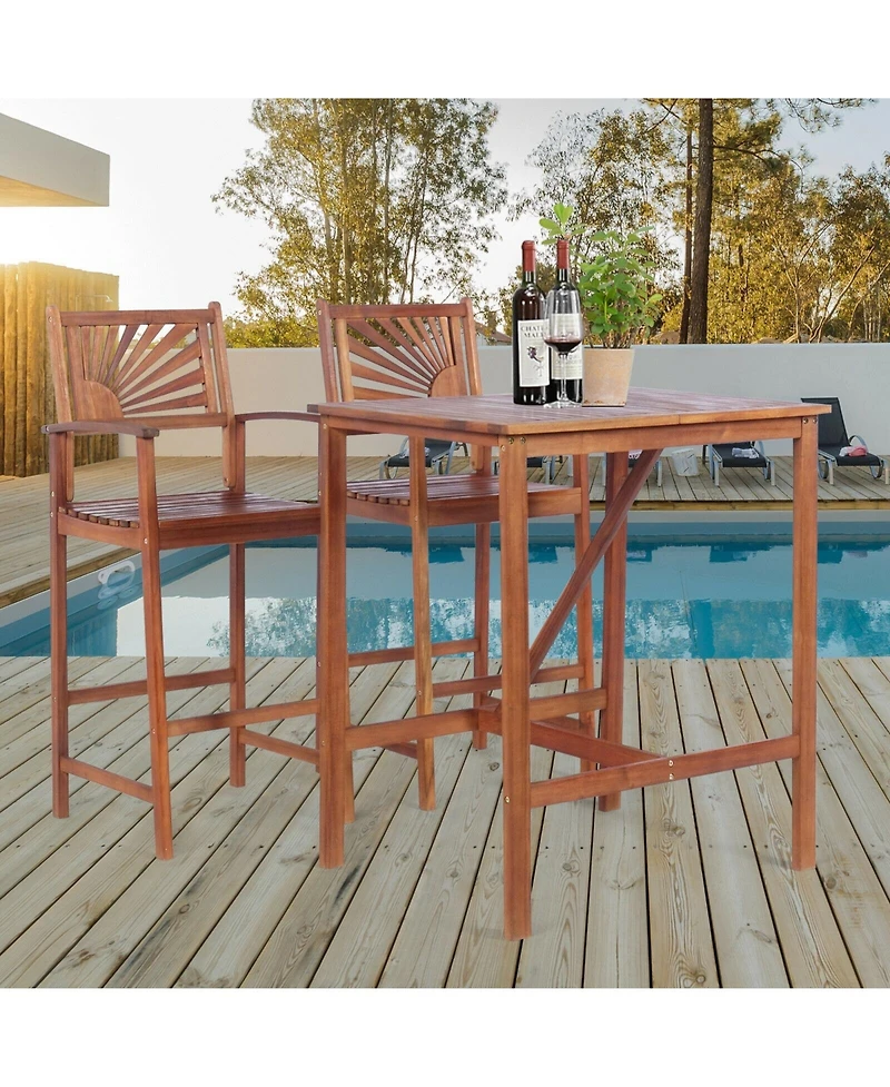 sumyeg 3-Piece Patio Acacia Wood Bar Set with Sunflower Pattern Backrest and Bar Table