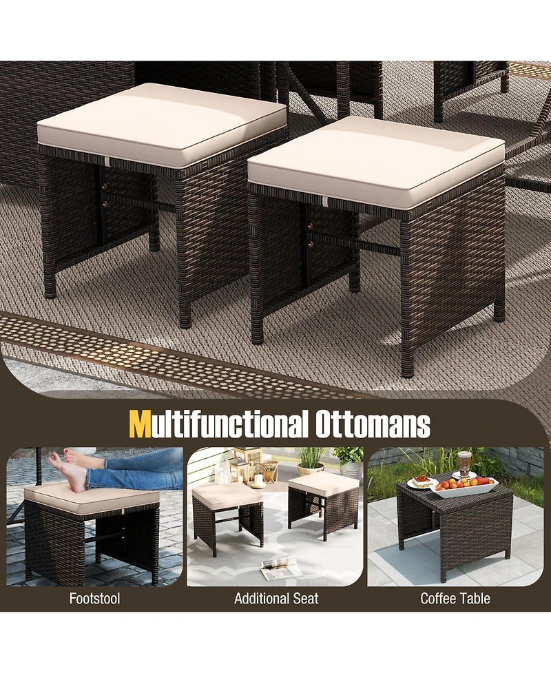 Gymax Set Of 9 Patio Dining Set with Tempered Glass Table and Ottoman Removable Cushions