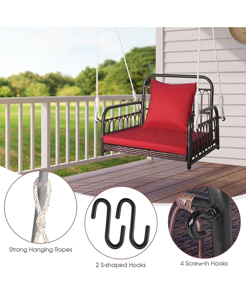 Gymax Single Person Hanging Swing Outdoor Hanging Seat w/ Back Cushion and Seat Cushion