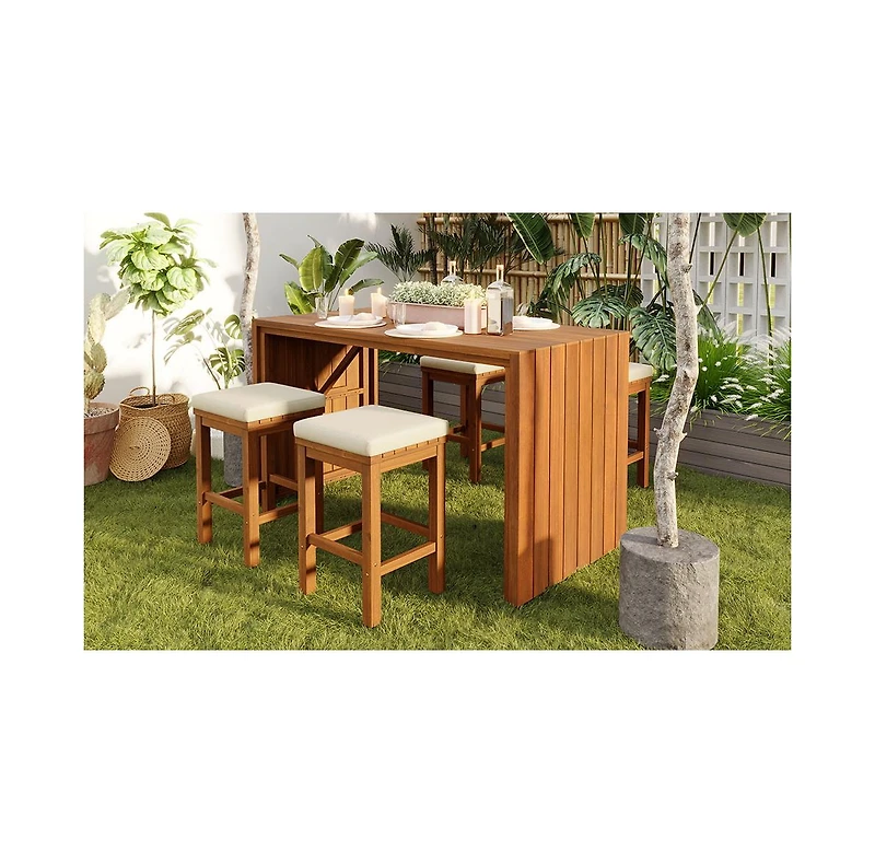 sumyeg 5-Piece Outdoor Bar Set with Acacia Wood Bar Height Table and 4 Stools with Cushions