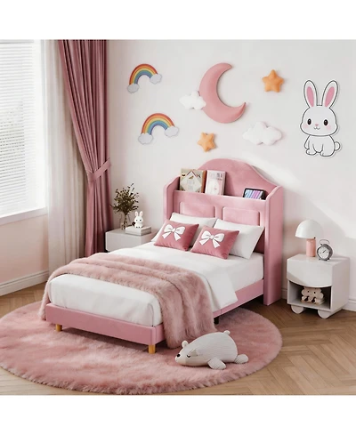 Homfan Upholstered Bed Frame with Led Lights, Velvet Platform Wing Back Storage Headboard