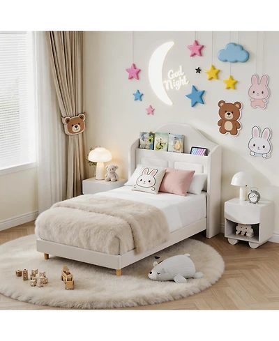 Homfan Upholstered Bed Frame with Led Lights, Velvet Platform Wing Back Storage Headboard