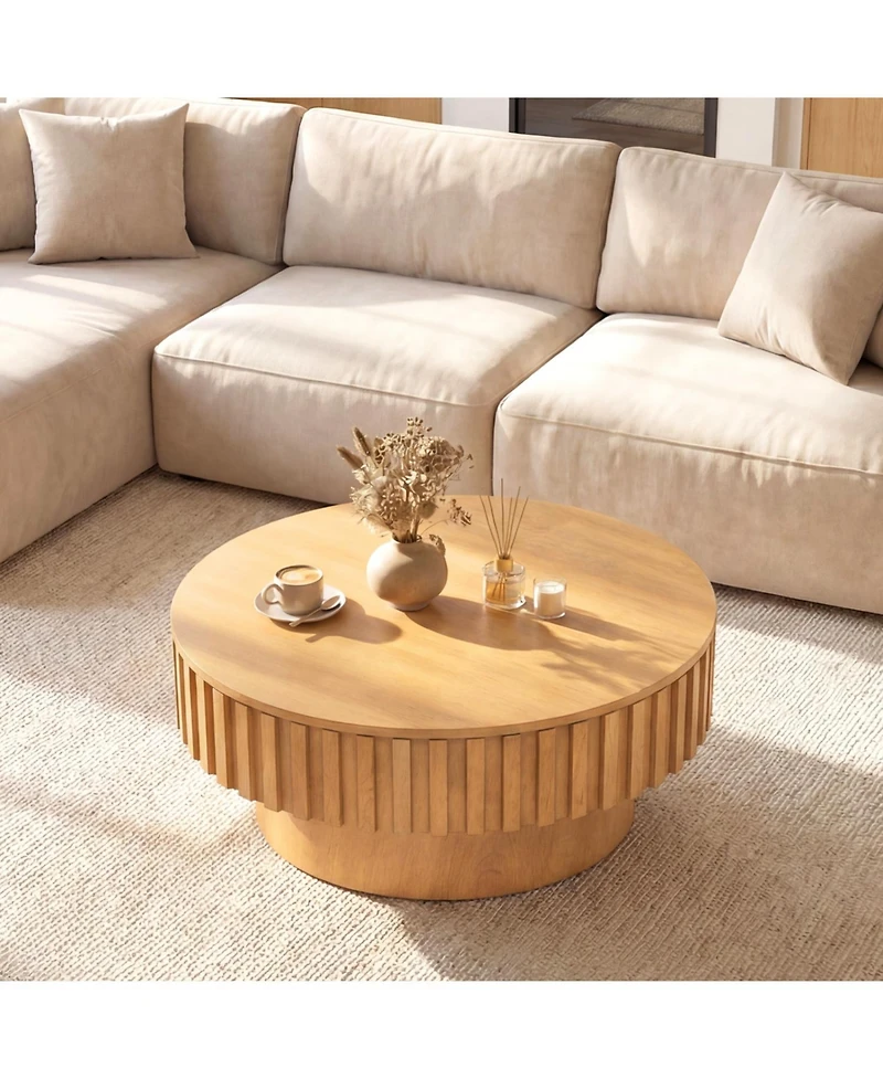 Slickblue Modern Round Wooden Drum Coffee Table with Hidden Storage Compartment