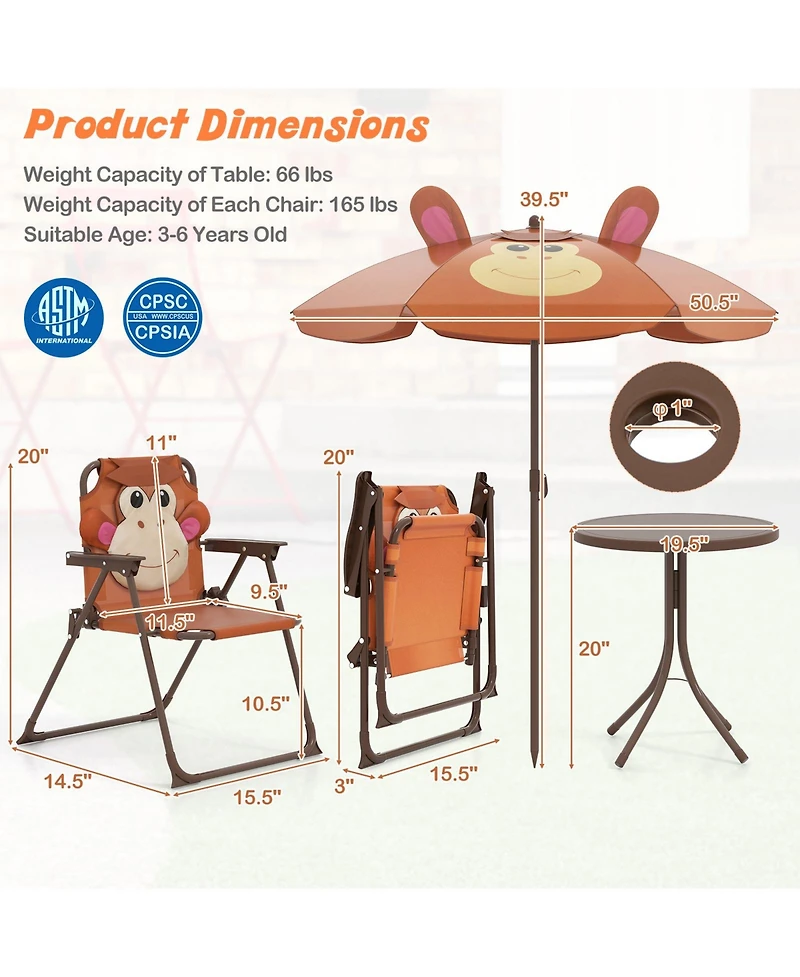 Sugift 4 Pieces Kids Picnic Set with 2 Folding Chairs and Height Adjustable Umbrella