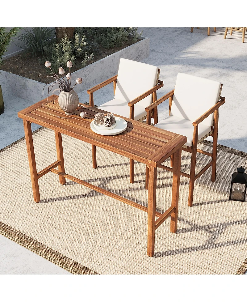 sumyeg 3-Piece Outdoor Dining Set with Acacia Wood Height Table and 2 Stools with Cushions