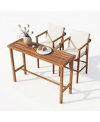 sumyeg 3-Piece Outdoor Dining Set with Acacia Wood Height Table and 2 Stools with Cushions