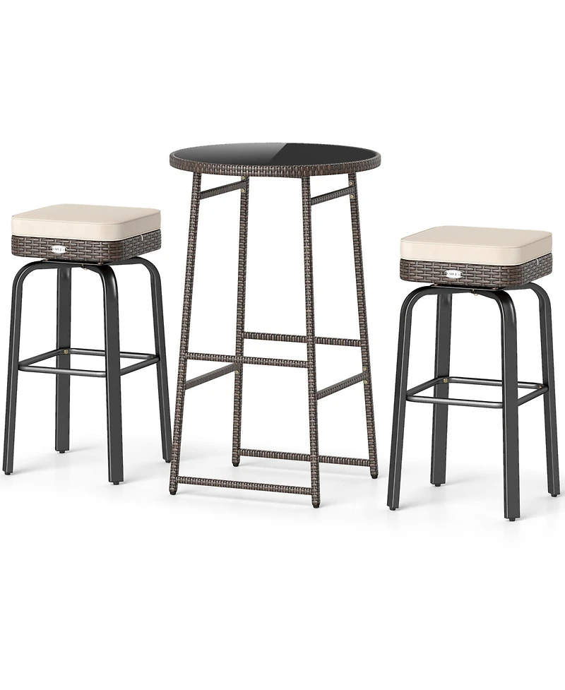 sumyeg 3-Piece Outdoor Swivel Bar Set with Pe Rattan Bar Height Table and 2 Chairs