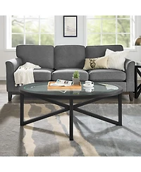 sumyeg Modern Round Tempered Glass Outdoor Coffee Table with Solid Wood Base