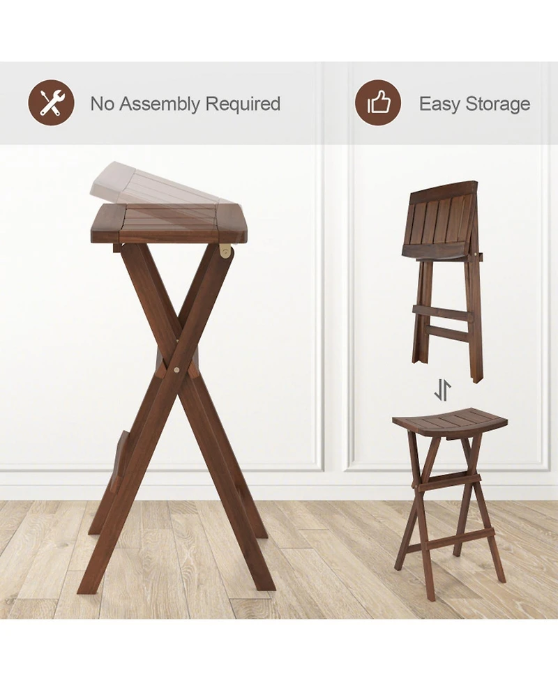 Gouun Backless Folding Counter Height Bar Stools Set of 2 with Teak Wood Frame and Saddle Seat