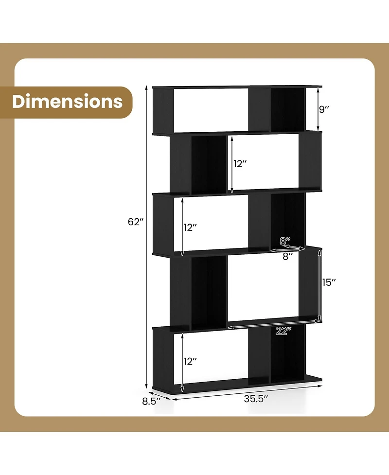 Sugift Five Tier Geometric Bookcase with Open Shelves and Cube Storage