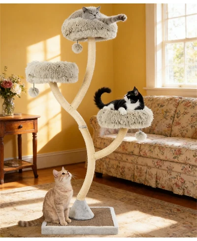 Zeus & Ruta 70 Inch 4 Tier Cat Activity Center with 3 Perches Playful Balls and Resting Hideout