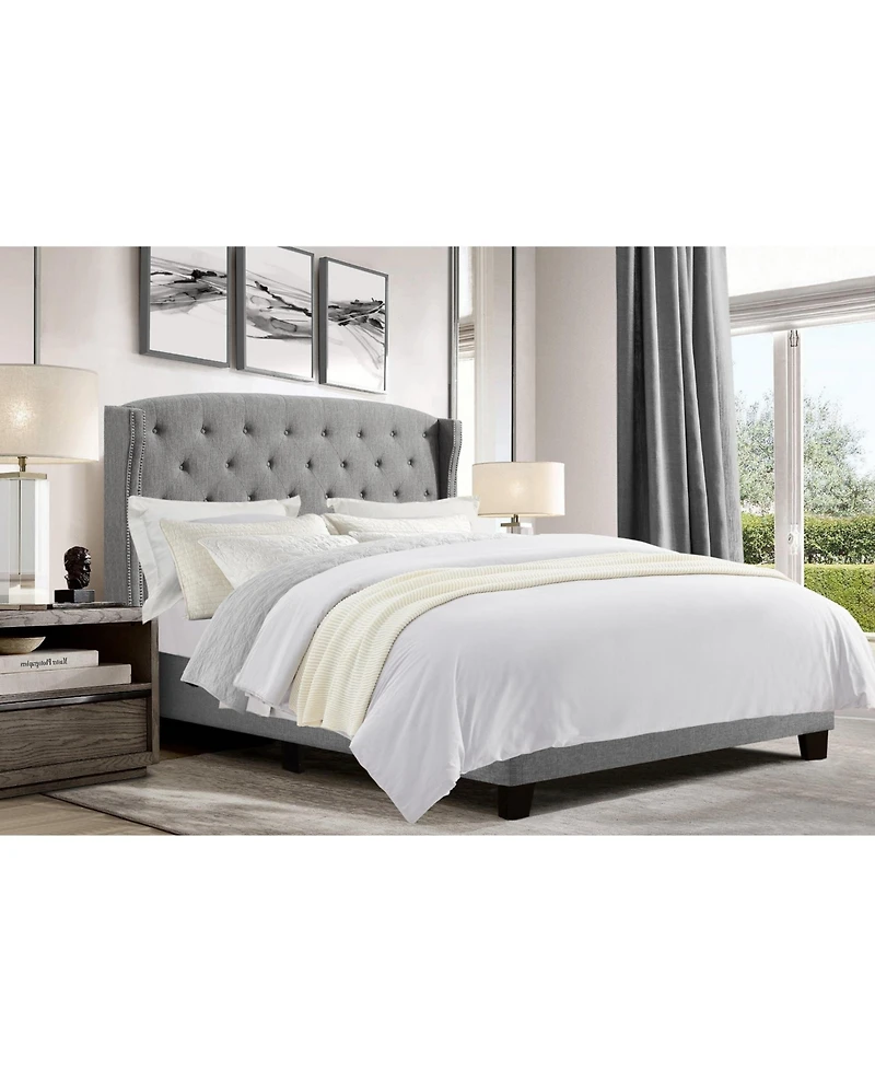 Boyel Living High Back Upholstered Bed Frame with Studded Detail Platform Bed with Solid Wood Frame Soft Fabric