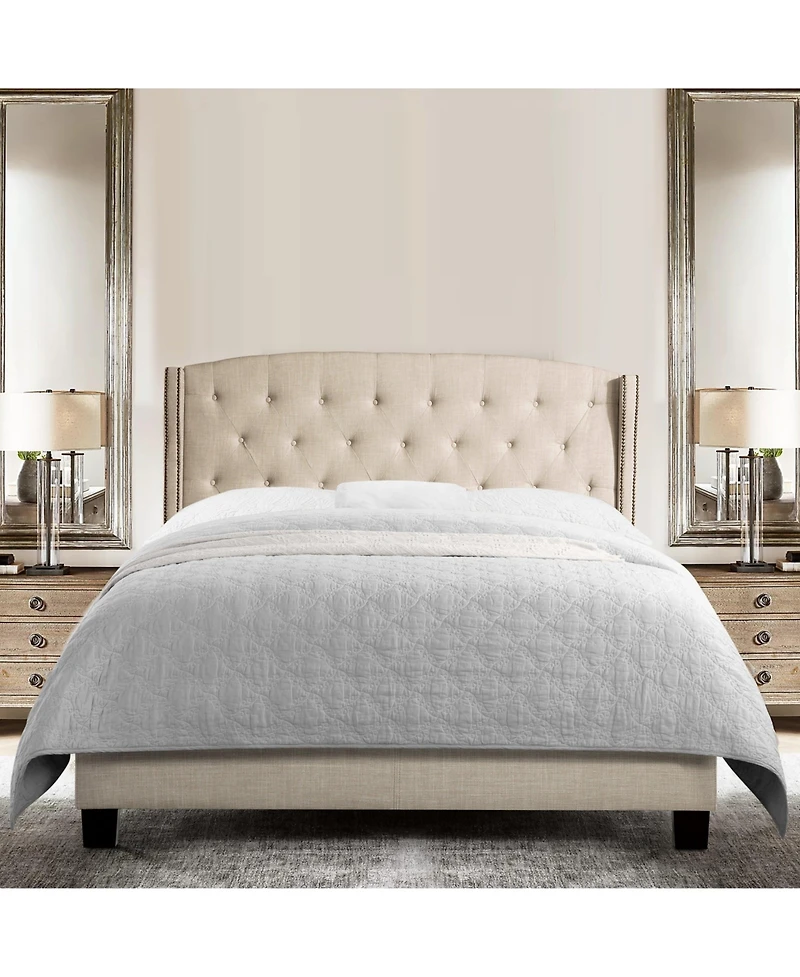 Boyel Living High Back Upholstered Bed Frame with Studded Detail Platform Bed with Solid Wood Frame Soft Fabric