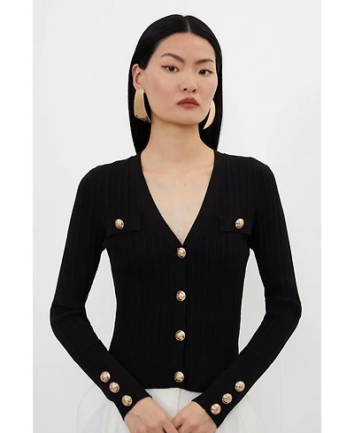 Karen Millen Women's Viscose Blend Rib Military Trim Cardigan