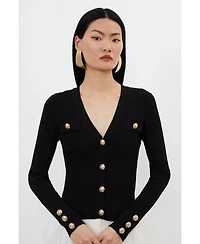 Karen Millen Women's Viscose Blend Rib Military Trim Cardigan