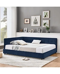 Flynama Full Size Velvet Tufted Daybed Backrest Armrest Dark blue