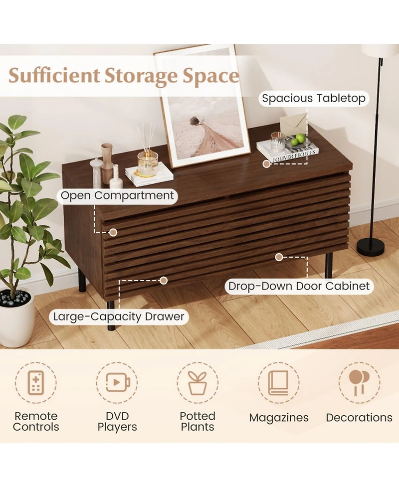 Gouun Mid-Century Fluted Tv Console with Hidden Compartments and Metal Legs