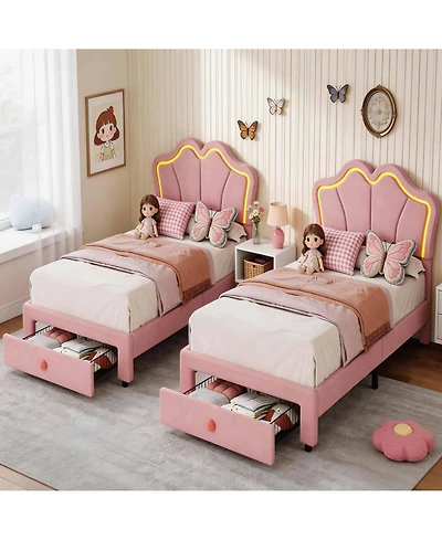 gaomon Set of 2 Twin Size Velvet Storage Beds with Led Ambiance – Upholstered Platform Bed Frame with Pull-Out Drawer