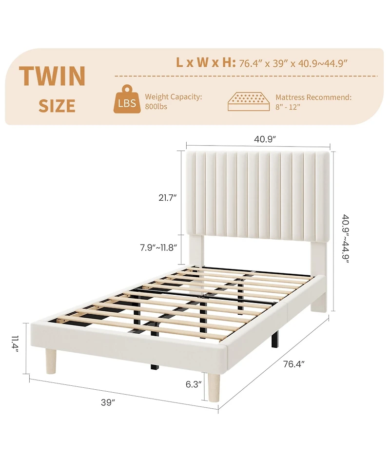 gaomon Set of 2 Velvet Upholstered Platform Beds with Adjustable Tufted Headboard – Vertical Channel Design