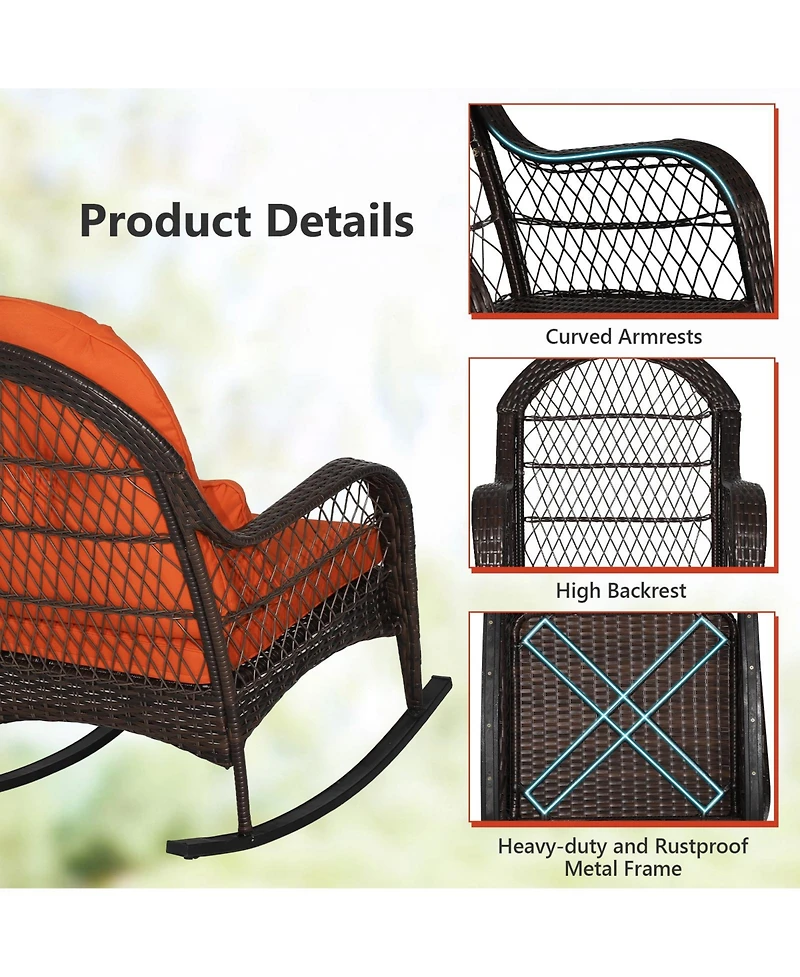 Gymax Wicker Rocking Chair w/ Orange Seat Back Cushions and Lumbar Pillow Balcony Patio