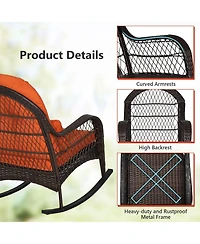Gymax Wicker Rocking Chair w/ Orange Seat Back Cushions and Lumbar Pillow Balcony Patio